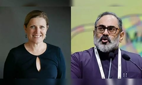 Michaela Browning, VP, Government Affairs &amp; Public Policy, Google Asia Pacific (Left) and Minister of State for Electronics and IT Rajeev Chandrasekhar