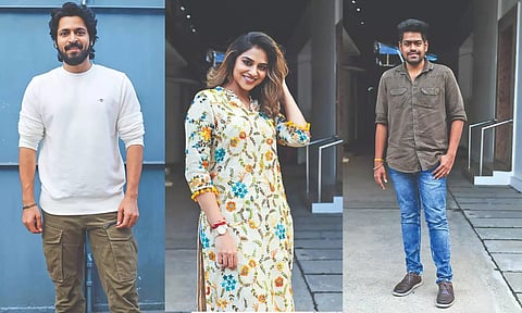 Harish Kalyan, Indhuja Ravichandran, Director Ramkumar Balakrishnan. (Photo credit: Hemanathan M)