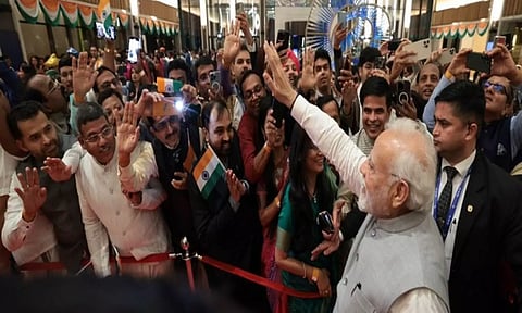 PM Modi gets rousing welcome by Indian diaspora outside Dubai hotel. (ANI)