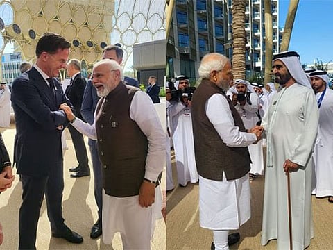 PM Modi with Netherlands PM Mark Rutte (left) and with UAE Vice President Mohammed bin Rashid Al Maktoum