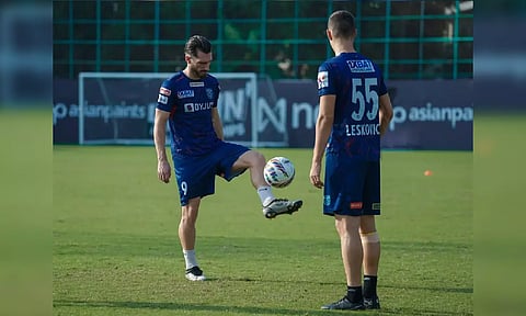 Forward Diamantakos and Marko Leskovic during a training session for Kerala Blasters ahead of the match