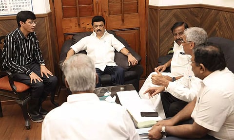 CM Stalin at Greater Chennai Corporation after inspecting relief works (Twitter)