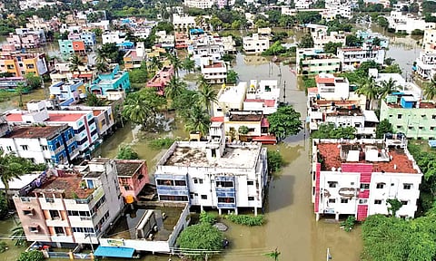 An aerial of view of flooded Varadharajapuram