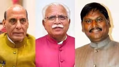 (L to R) Rajnath Singh, Saroj Pandey, and Vinod Tawde. (IANS)