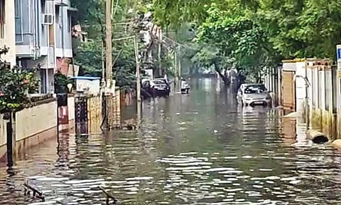 A water-logged road in Korattur