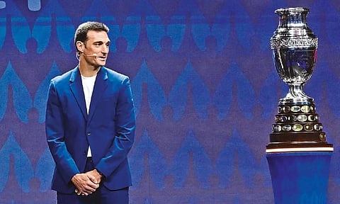 Argentina’s coach Lionel Scaloni onstage during the Copa America final draw in Miami