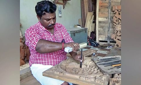 Ramesh works at the Manasa woodcarving manufacturing centre in Mahabalipuram