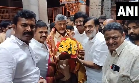 N Chandrababu Naidu offers prayer at Sri Ramanujar Temple at Sriperumbudur. (ANI)