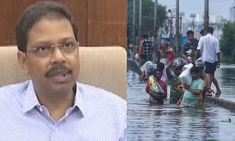 TN Chief Election Officer Satyabrata Sahoo; People wading through an inundated road in Chennai.