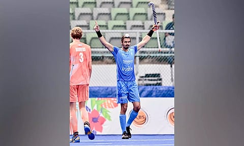 Araijeet Singh Hundal celebrates after scoring a goal
