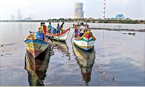 Clean-up work of the crude oil spill going on from Kosasthalaiyar River on Wednesday (Photos: Hemanathan M)