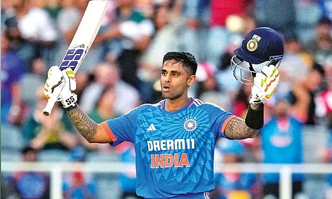 Suryakumar Yadav celebrates after scoring his century against South Africa