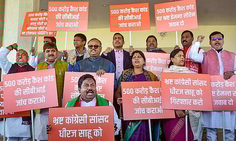 Opposition INDIA alliance leaders staged a protest near the Gandhi statue in the Parliament complex (PTI)