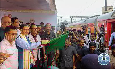 Governor RN Ravi flagged off the train carrying delegates to Kashi Tamil Sangamam at the Chennai Central railway station on Friday. (Hemanathan M)