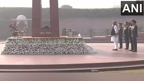 Defence Minister Rajnath Singh along with CDS Gen Anil Chauhan, Army Chief Gen Manoj Pande, Navy Chief Admiral R Hari Kumar and IAF Vice Chief Air Marshal Amar Preet Singh. (Photo/ANI)