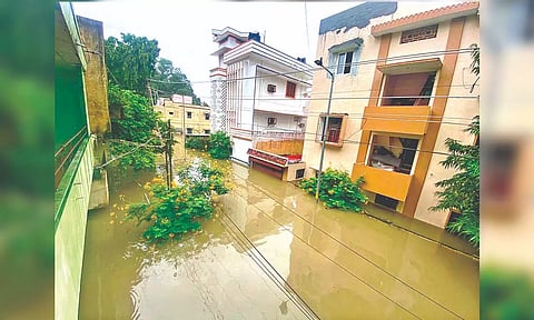 Ground floors of apartment buildings flooded in rainwaters in Tirunelveli on Monday.