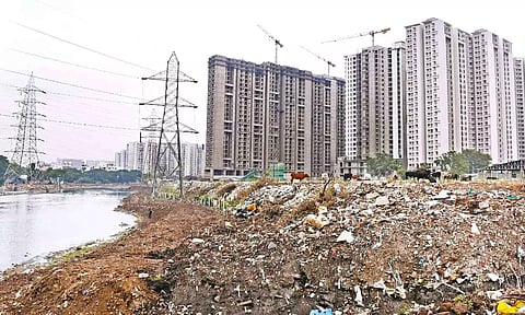 Encroachments in the form of high-rises and slums along the Adyar river in Koyambedu and Saidapet respectively, and a canal in Vyasarpadi filled with garbage. (Photo credit:Agathesh, Justin George)