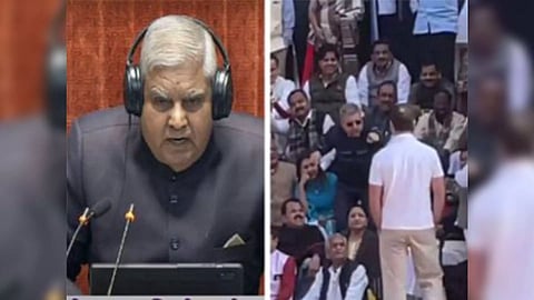 Rajya Sabha Chairman Dhankhar and visuals during the opposition protest (ANI)