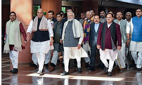 PM Modi, Rajnath Singh, JP Nadda and others leave after attending BJP Parliamentary Party meeting (Photo: ANI)