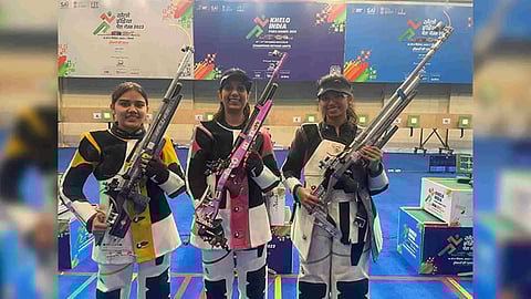 Nancy, Ramita and Swarnali Roy after women's 10m air rifle national selection trials 1 final (Image: NRAI)