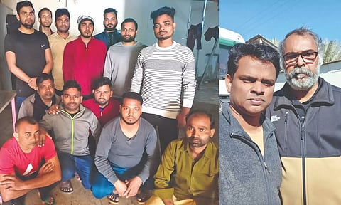 Group of Indian migrants (left). Pavendan from Tamil Nadu and Sabu from Kerala (right)