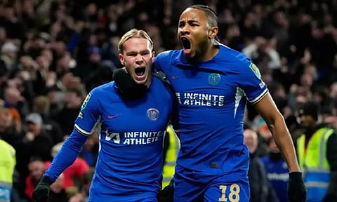 Chelsea's Mykhailo Mudryk, left, celebrates with teammate (AP)