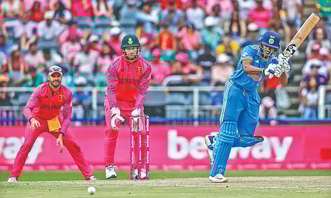Sai Sudharsan (R) plays a shot during the 1st ODI against South Africa