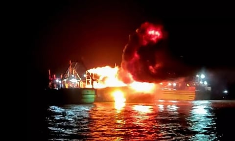 The fishing boat up in flames. (Photo: ANI)