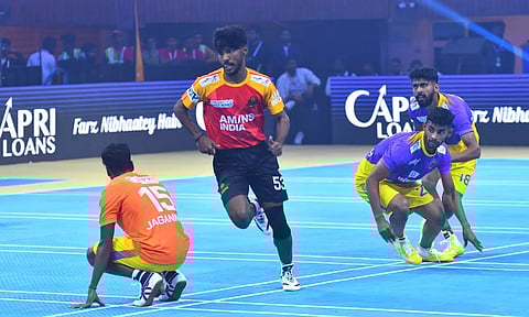 Odisha Juggernaut's Nikhil B (in red) during the match between Odisha Juggernauts and Rajasthan Warriors