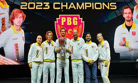 Daniil Medvedev (In centre) lifting World Tennis League 2023 trophy for PBG Eagles (Photo: PBG Eagles)