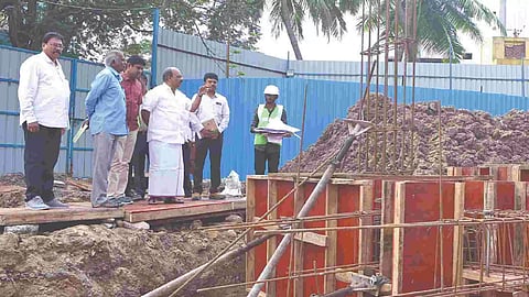MSME Minister TM Anbarasan inspecting construction of TNUHDB houses in Kolathur on Tuesday