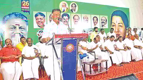 Expelled AIADMK leader O Panneerselvam addressing supporters in Coimbatore on Tuesday