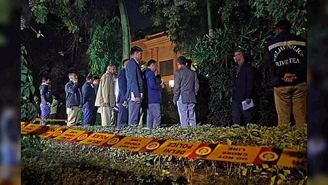 Teams of Delhi Police Crime Unit and forensics near the Israel Embassy on Tuesday (ANI)