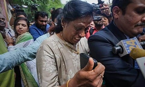 Former Indian athlete and The Indian Olympic Association (IOA) president PT Usha after meeting wrestlers who were protesting against WFI Chief Brij Bhushan Sharan who has been accused of sexual harassment at Jantar Mantar in New Delhi (PTI)