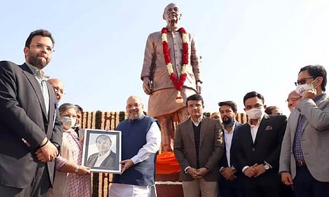 Amit Shah after unveiling a statue of Arun Jaitley at Arun Jaitley Stadium in December 2020 (ANI)