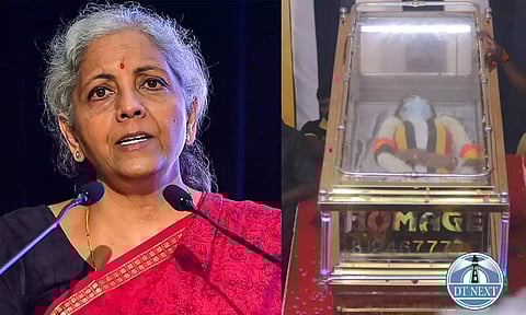 Nirmala Sitharaman; DMDK founder 'Captain' Vijayakanth's mortal remains kept at Chennai's Island Grounds to pay last respects. (Photo credit: Hemanthan M)
