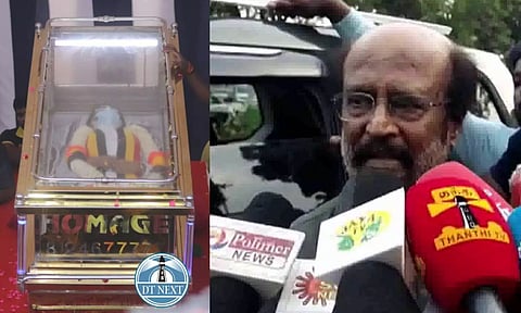 Rajinikanth; DMDK founder Vijayakanth's mortal remains kept at Chennai's Island Grounds. (Photo credit: Hemanathan M)