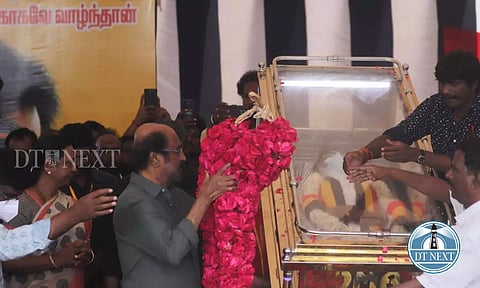 Actor Rajinikanth pays his last respects to the mortal remains of 'Captain' Vijayakanth. (Photo credit: Hemanthan M)