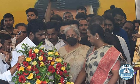 Nirmala Sitharaman along with Tamil Nadu BJP president K Annamalai pay their last respects to the 'Captain' Vijayakanth. (Photo credit: Hemanthan M)