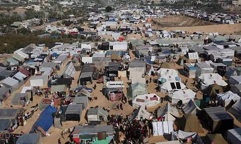 Displaced Palestinians shelter in a tent camp in Rafah, southern Gaza Strip (Reuters)