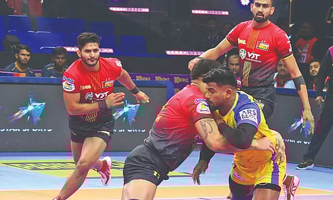 Tamil Thalaivas’ Ajinkya Pawar goes for a raid against Bengaluru Bulls