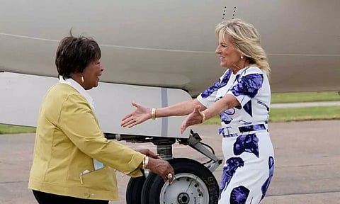 U.S. first lady Jill Biden greets Rep. Eddie Bernice Johnson, D-Texas, as she arrives at Love Field Airport in Dallas (Reuters)