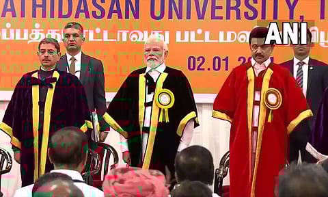 PM Modi, CM Stalin and Governor Ravi at the convocation ceremony. ANI