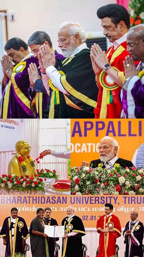 CM Stalin, PM Modi & Guv RN Ravi share the stage at Bharathidasan Univ convocation ceremony