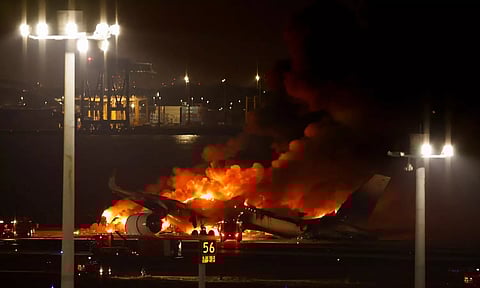 Japan Airlines' A350 airplane on fire at Haneda International Airport in Tokyo (Reuters)