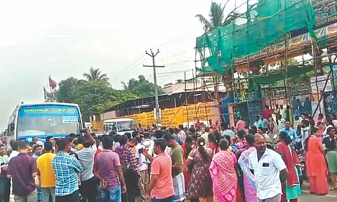 Parents protest buses blocking access to a private school in Kilambakkam