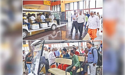 Minister Sekarbabu interacting with people at the newly opened Kilambakkam bus terminus on Thursday
