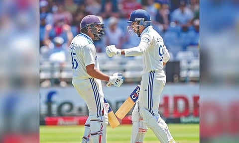 Rohit Sharma and Shreyas Iyer celebrate after India’s win