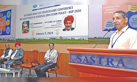 UGC Chairman M Jagadesh Kumar addressing among the VCs in Thanjavur on Friday