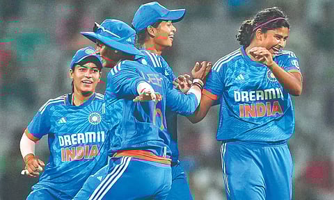 Titas Sadhu celebrates the wicket of Ashleigh Gardner